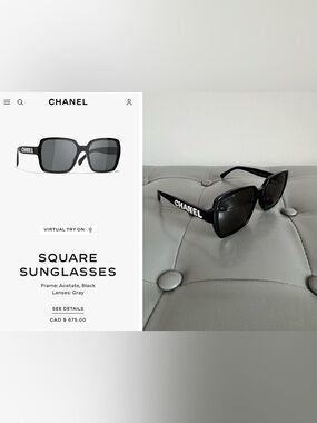 Chanel Square Sunglasses Black Frame Gray Lenses White Logo